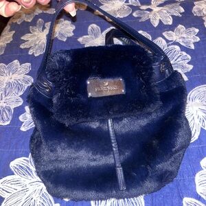SWAROVSKI Swan Dark Blue Faux Fur and Leather Small Backpack